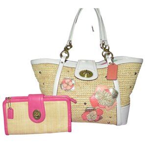 Coach 2011 Hampton straw Floral Appliqués & leather trim Tote & 2008 wristlet